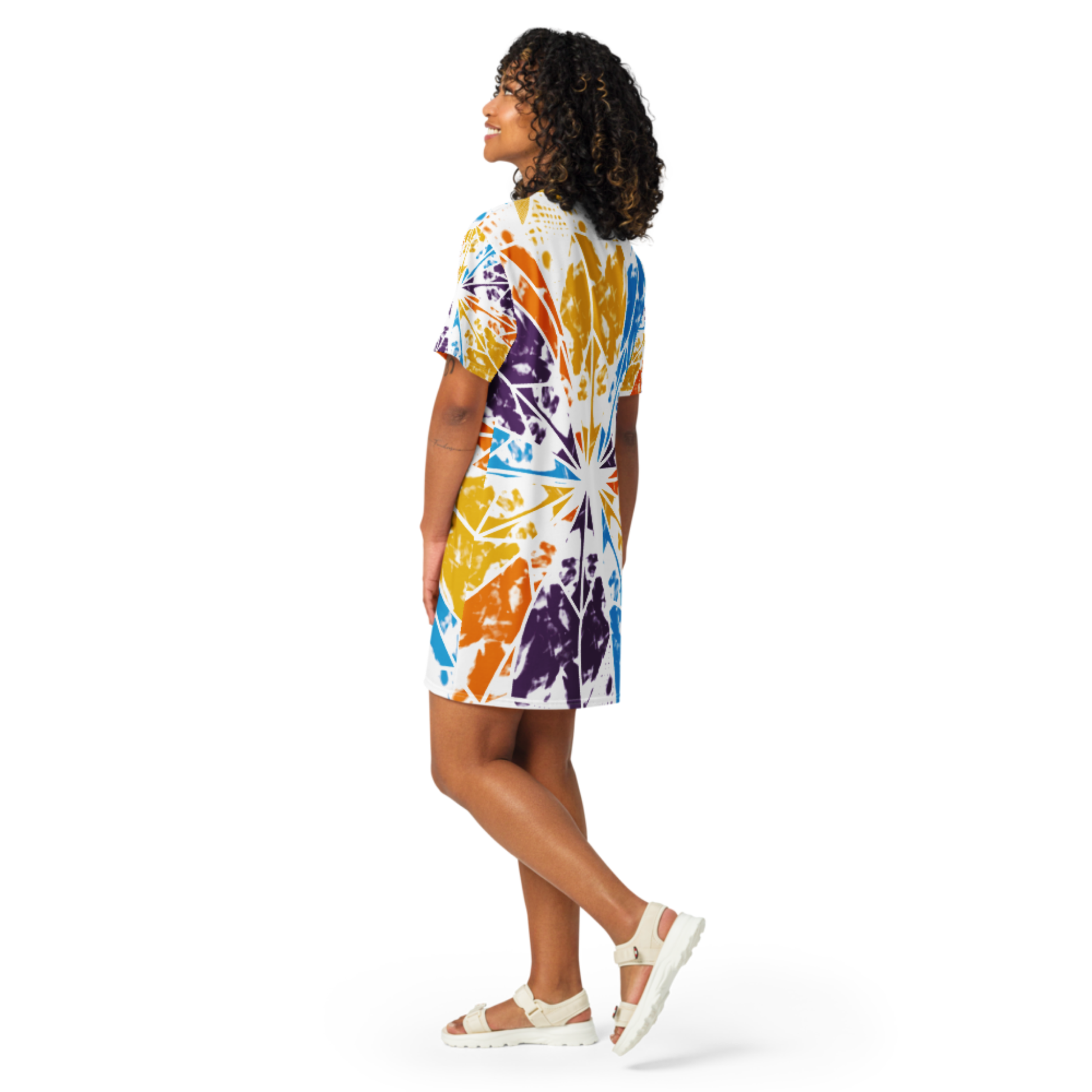 Women's dress-shirt with an abstract geometric pattern and modern urban style.

