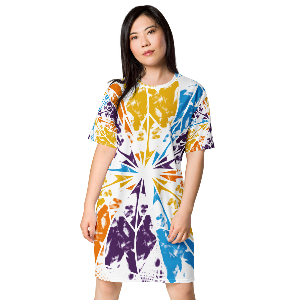 Women's dress-shirt with an abstract geometric pattern and modern urban style.

