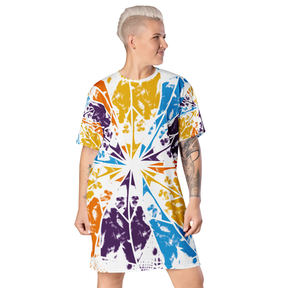 Women's dress-shirt with an abstract geometric pattern and modern urban style.
