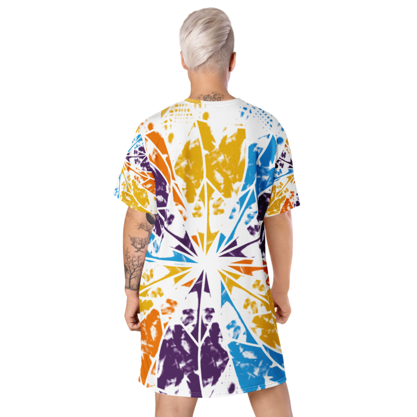 Women's dress-shirt with an abstract geometric pattern and modern urban style.
