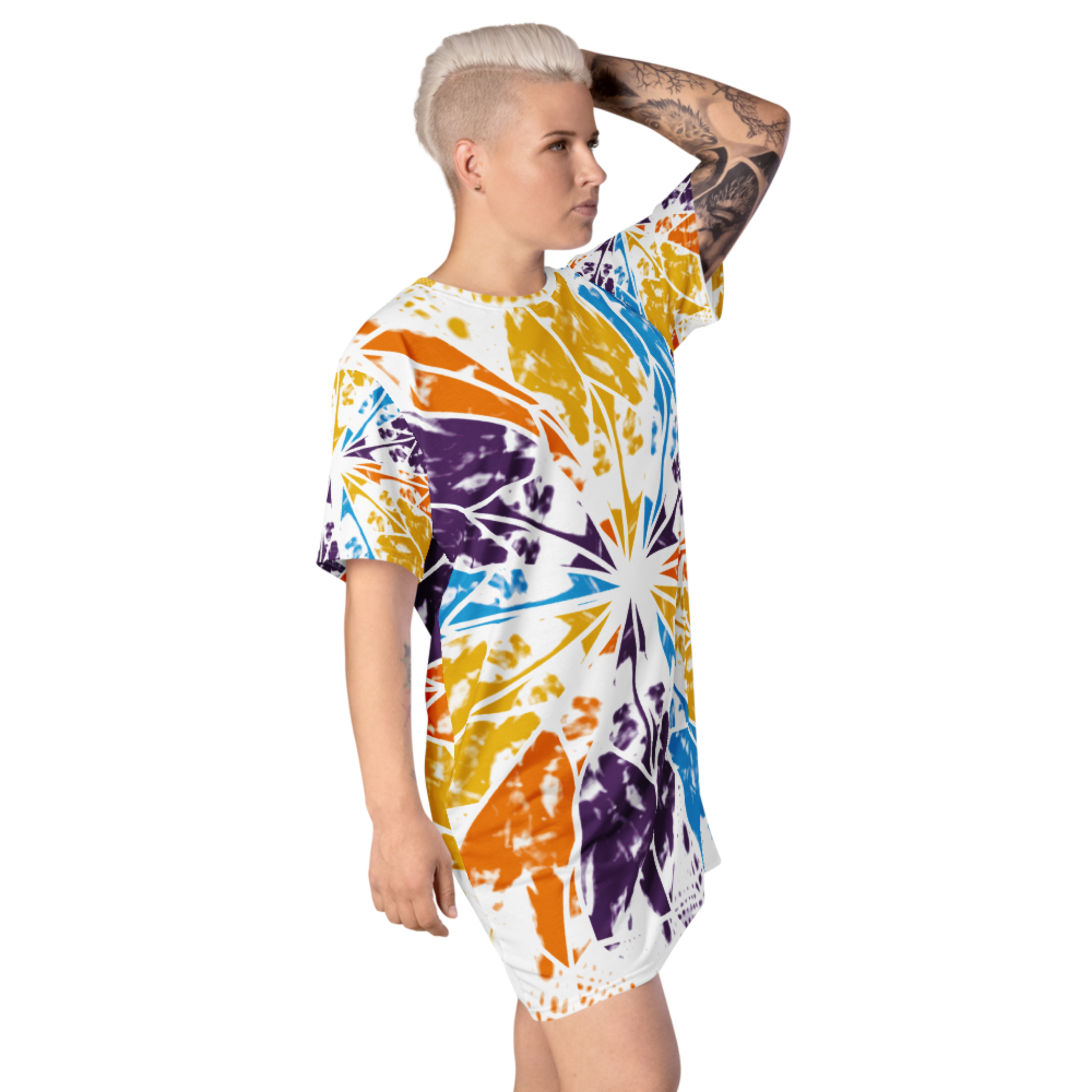 Women's dress-shirt with an abstract geometric pattern and modern urban style.
