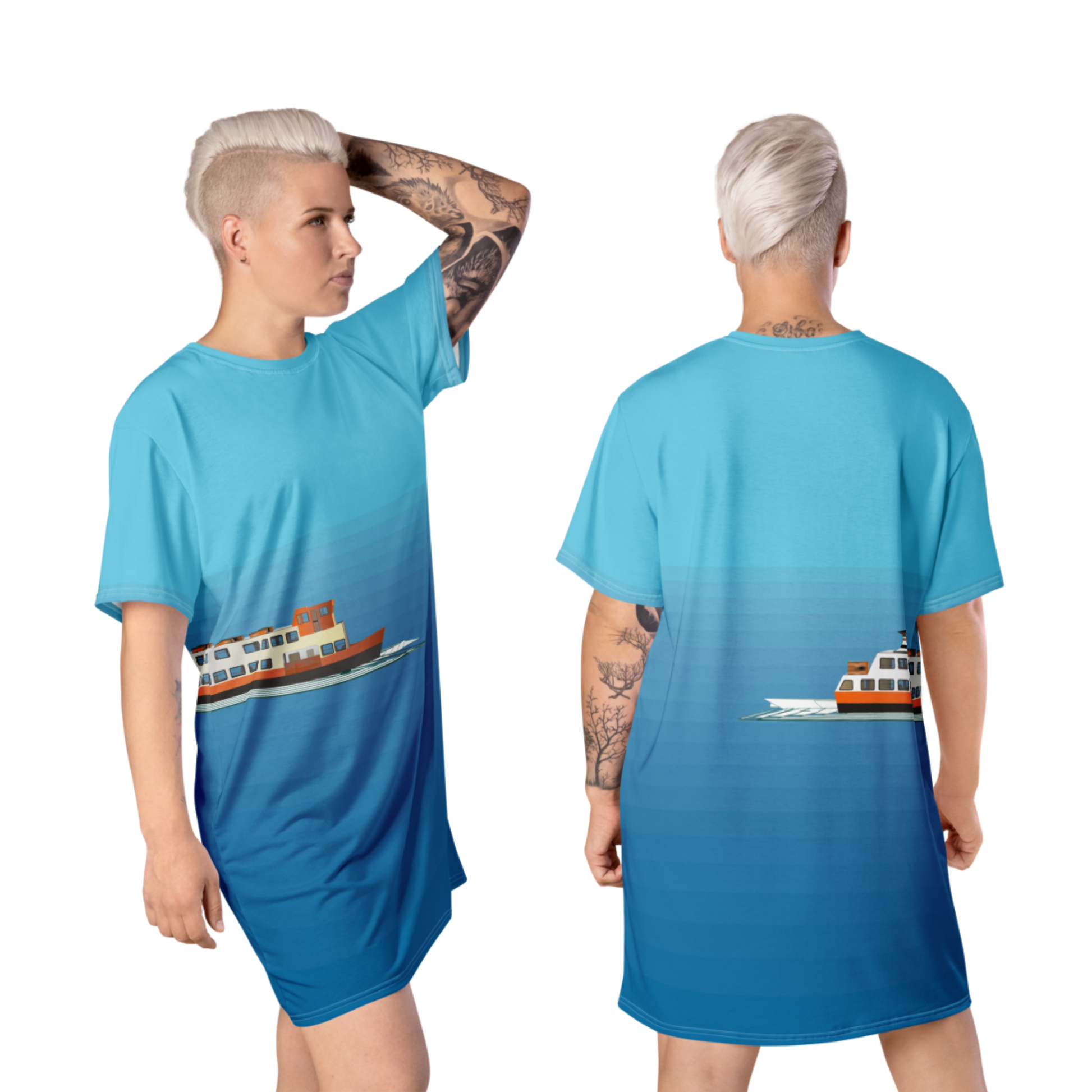 Vestido T-Shirt Cacilheiro com ilustração original da barafusta – vista frontal e costas
