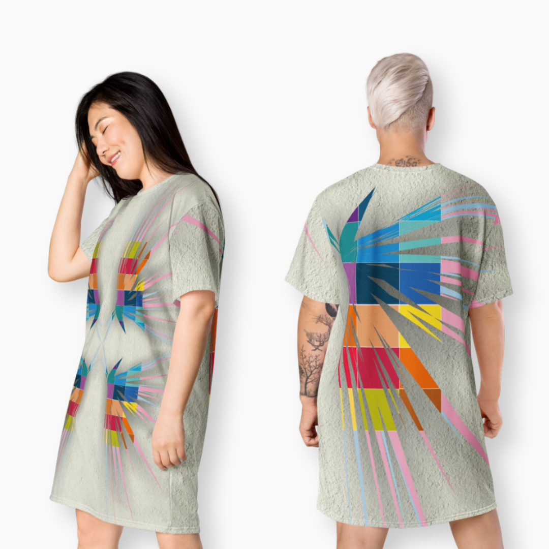 Women's dress-shirt with an abstract geometric pattern and modern urban style.
