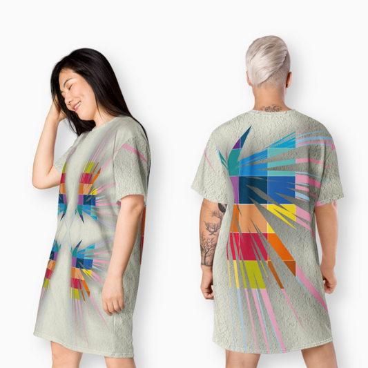 Women's dress-shirt with an abstract geometric pattern and modern urban style.
