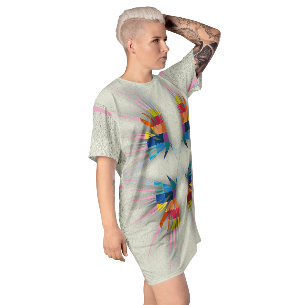 Women's dress-shirt with an abstract geometric pattern and modern urban style.
