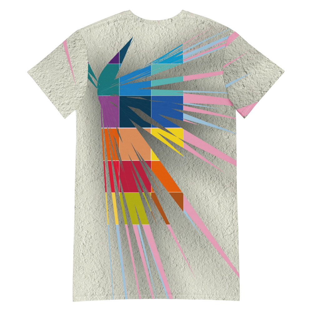 Women's dress-shirt with an abstract geometric pattern and modern urban style.
