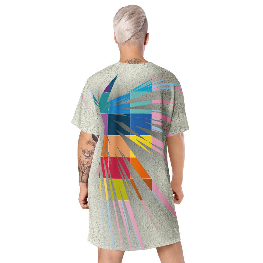 Women's dress-shirt with an abstract geometric pattern and modern urban style.

