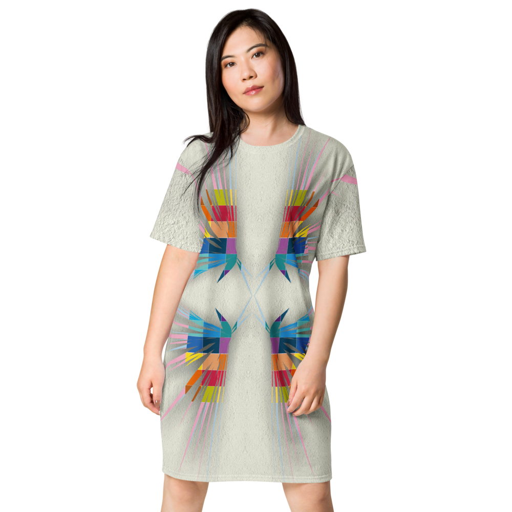 Women's dress-shirt with an abstract geometric pattern and modern urban style.

