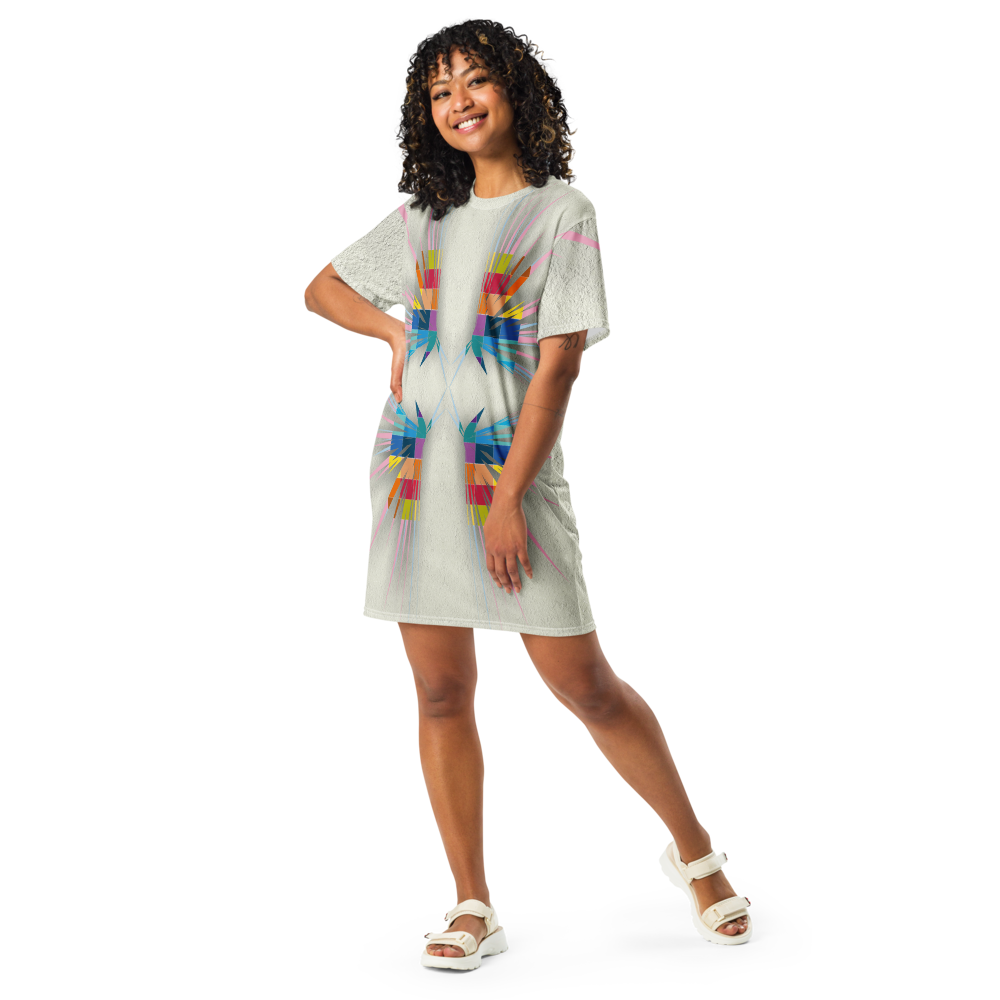 Women's dress-shirt with an abstract geometric pattern and modern urban style.
