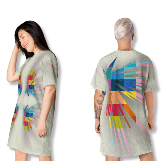 Vestido T-Shirt Color Burst com ilustração original da barafusta – vista frontal e traseira 
