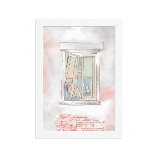 Poster com ilustração artística de uma janela em estilo gráfico autoral