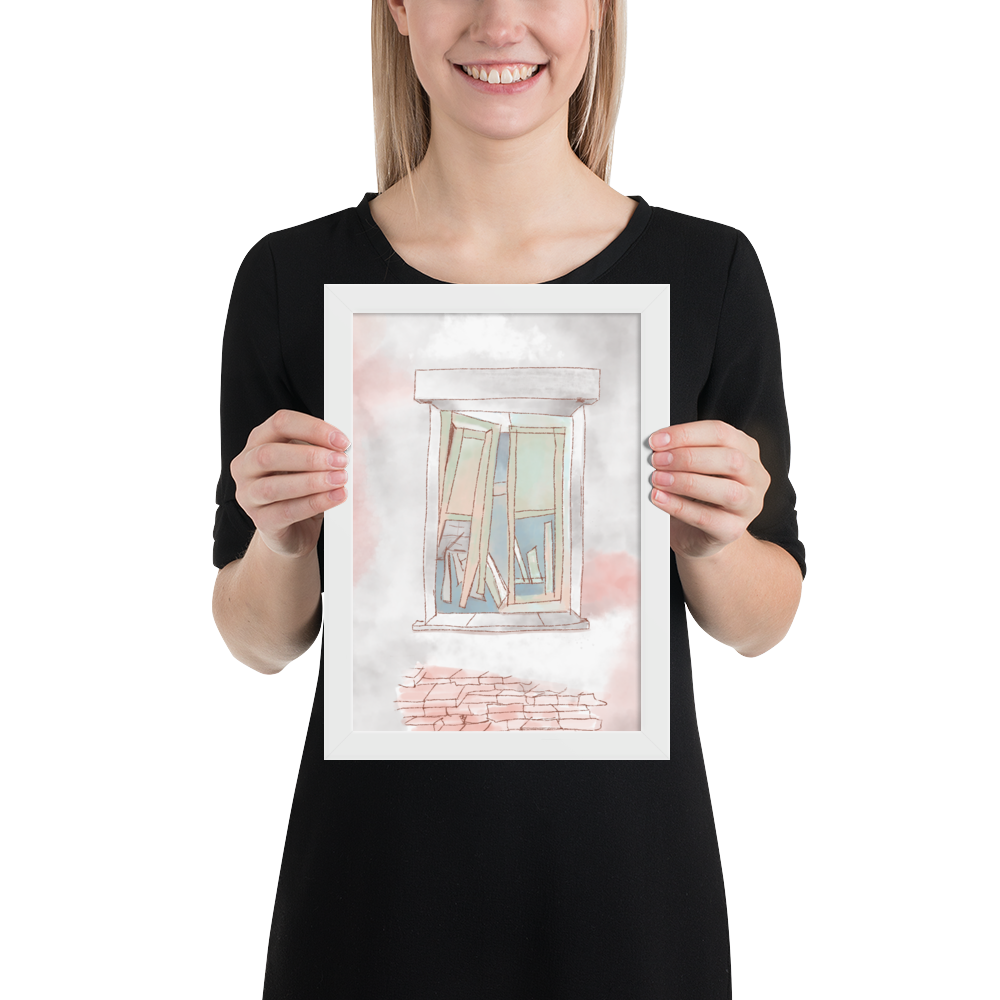 Poster with an artistic illustration of a window in an original graphic style.