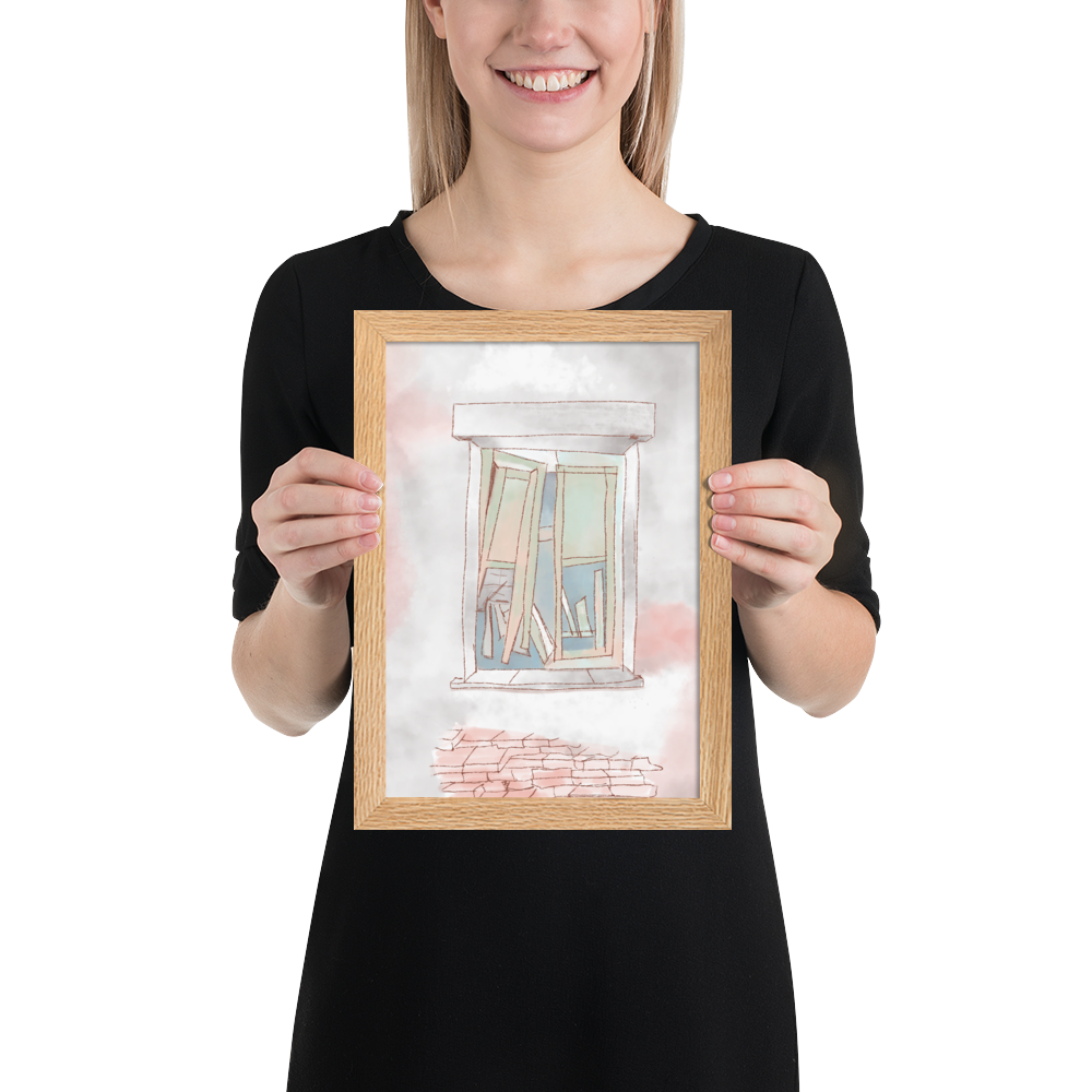 Poster with an artistic illustration of a window in an original graphic style.