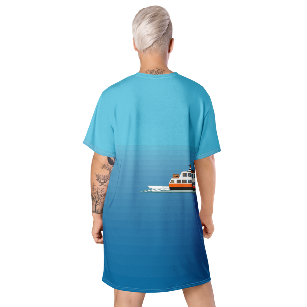 Women's T-shirt dress with a minimalist figurative pattern and modern urban style.
