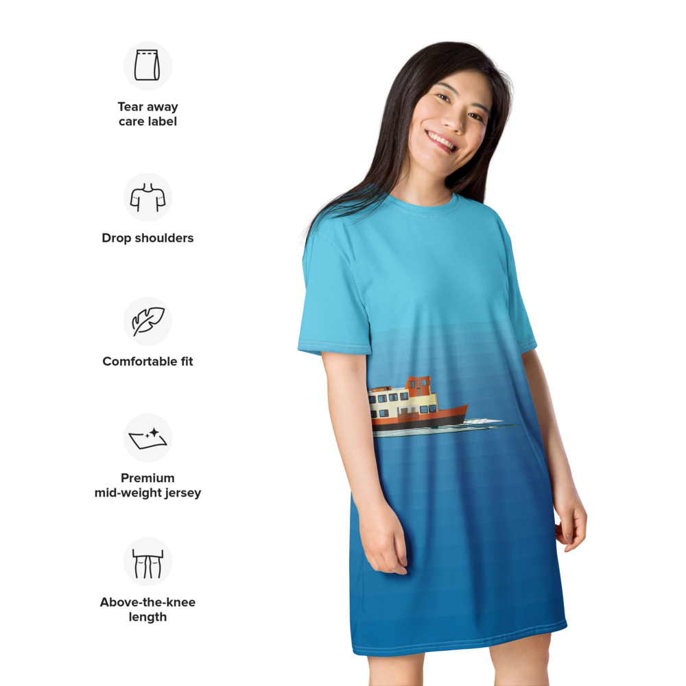 Women's T-shirt dress with a minimalist figurative pattern and modern urban style.
