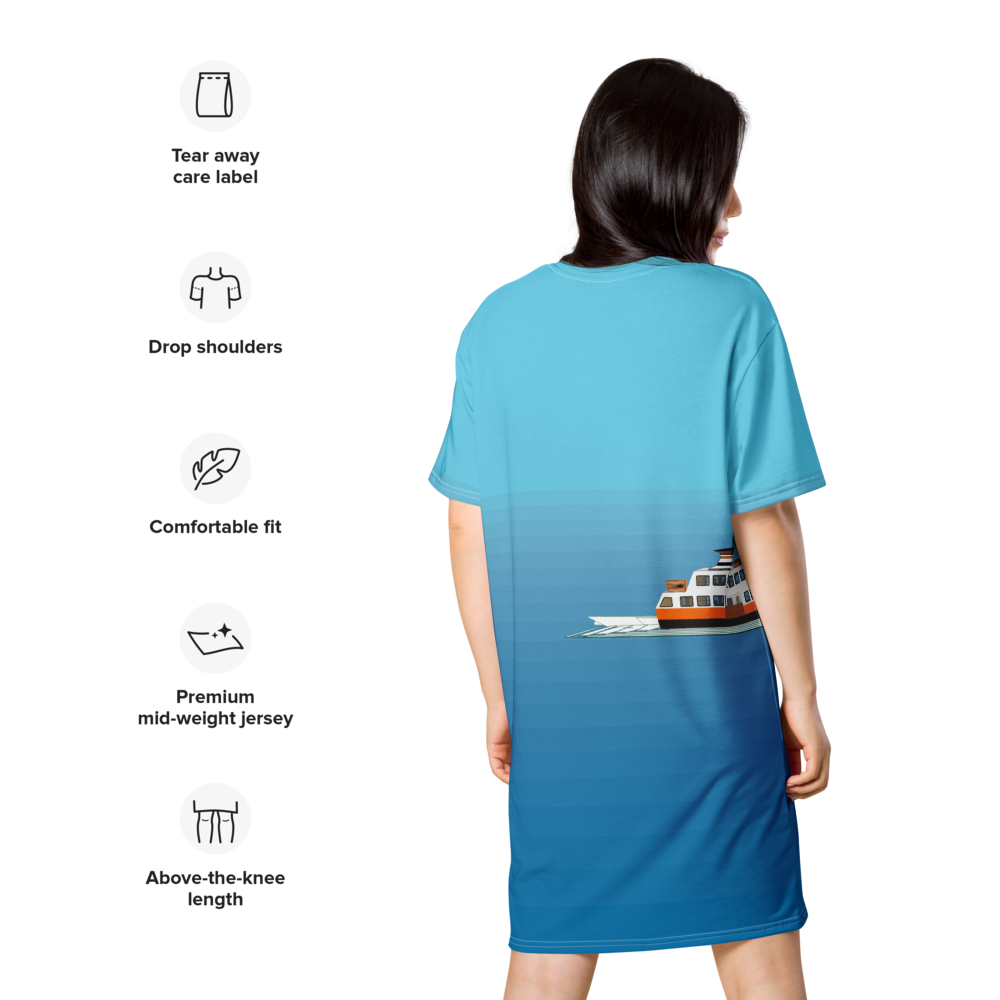 Women's T-shirt dress with a minimalist figurative pattern and modern urban style.
