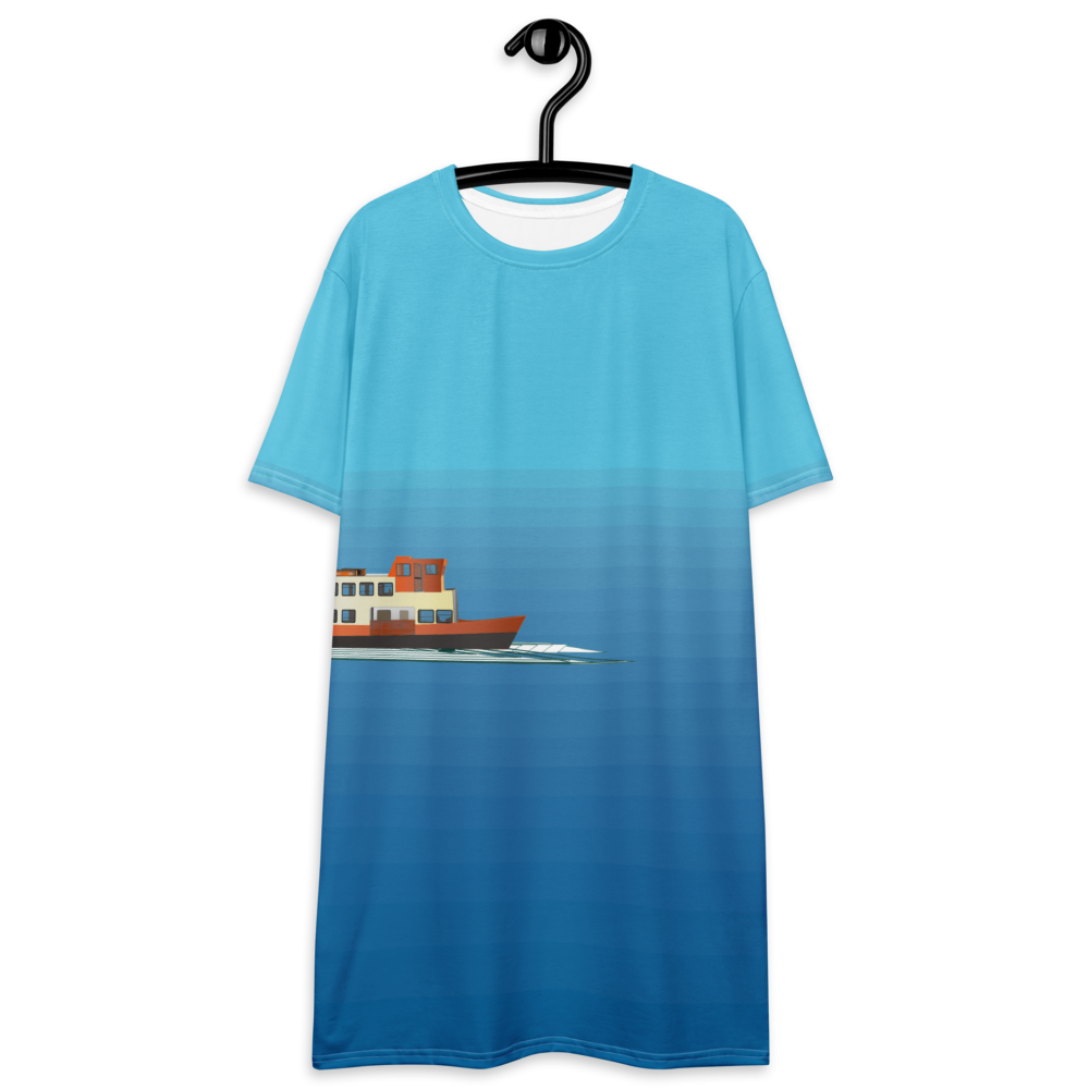 Women's T-shirt dress with a minimalist figurative pattern and modern urban style.
