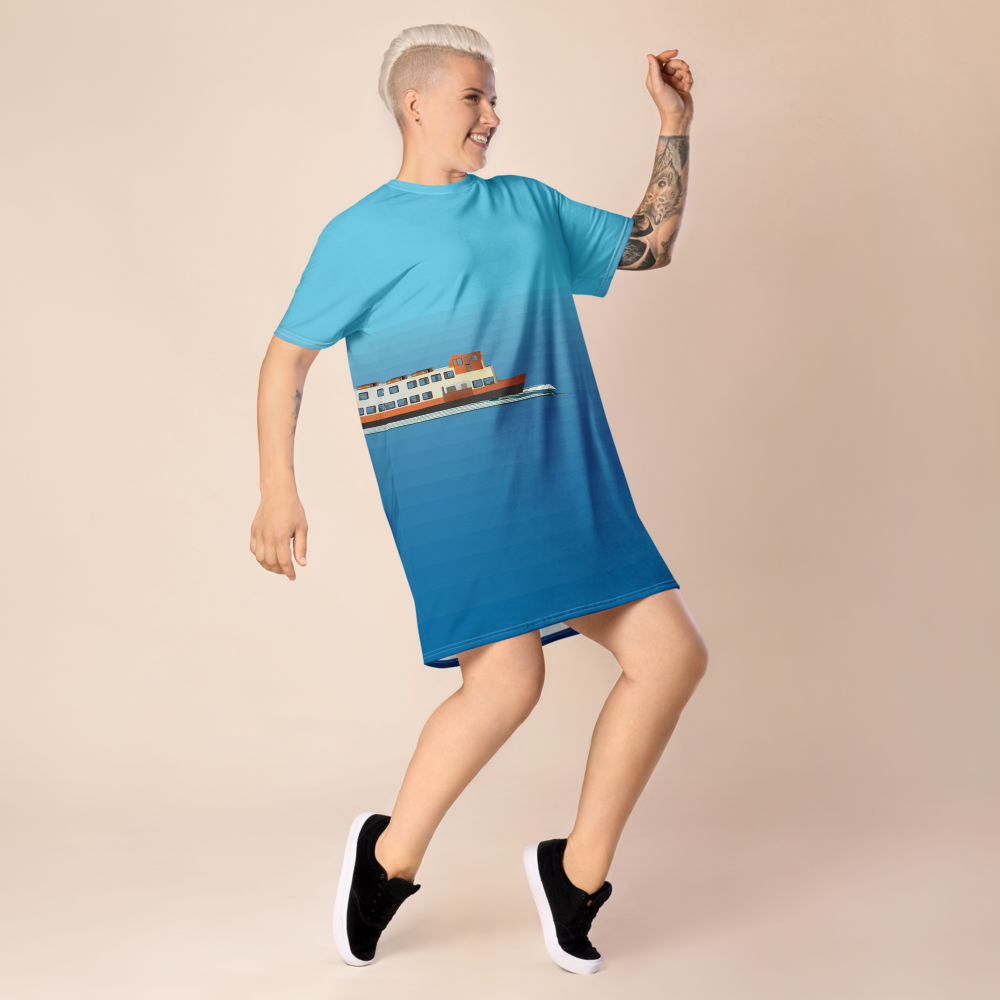 Women's T-shirt dress with a minimalist figurative pattern and modern urban style.
