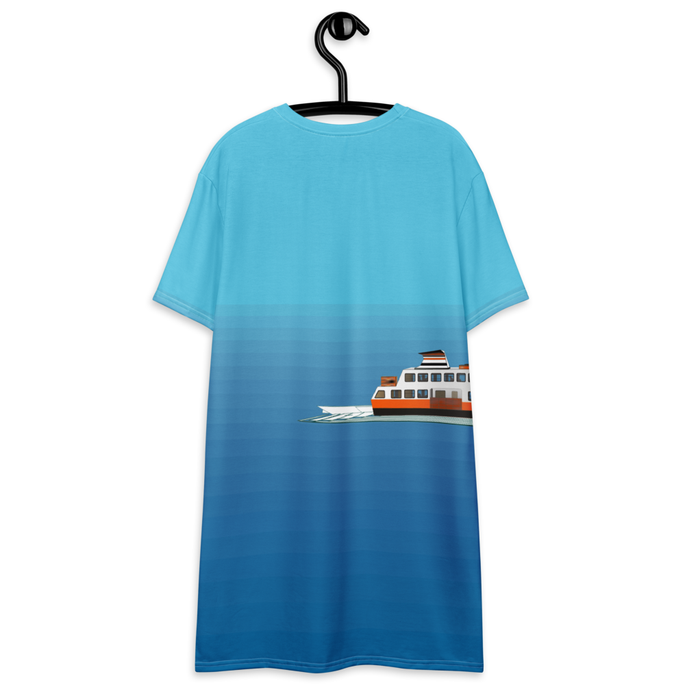 Women's T-shirt dress with a minimalist figurative pattern and modern urban style.
