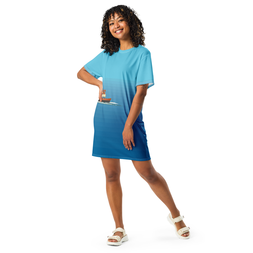 Women's T-shirt dress with a minimalist figurative pattern and modern urban style.
