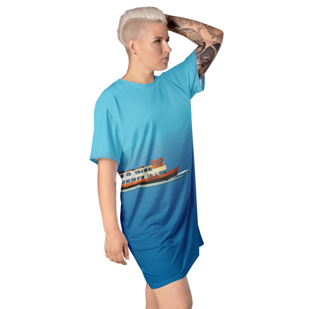 Women's T-shirt dress with a minimalist figurative pattern and modern urban style.
