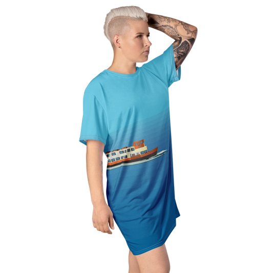Women's T-shirt dress with a minimalist figurative pattern and modern urban style.
