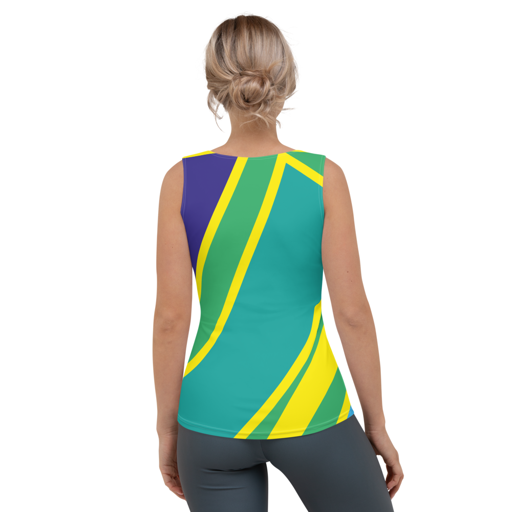 Women's tank top with a tropical print and modern style.
