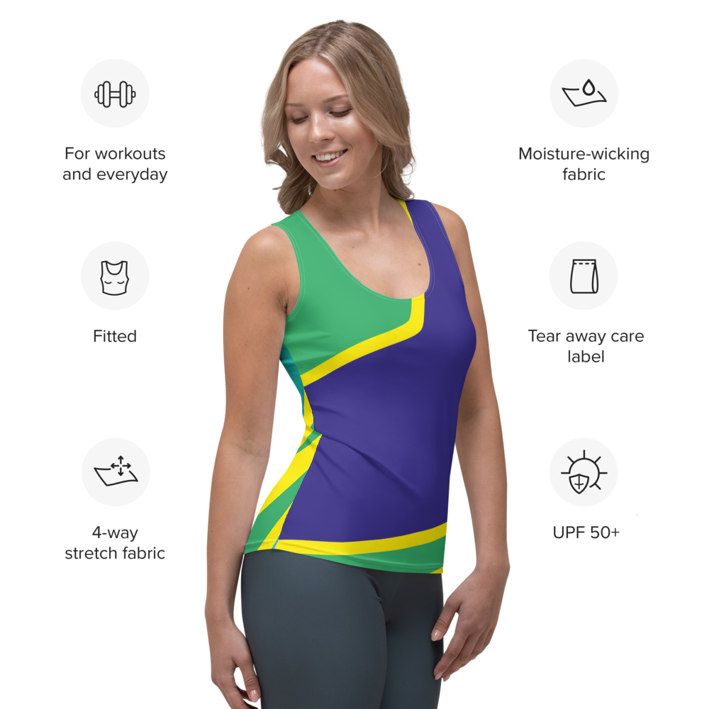 Women's tank top with a tropical print and modern style.