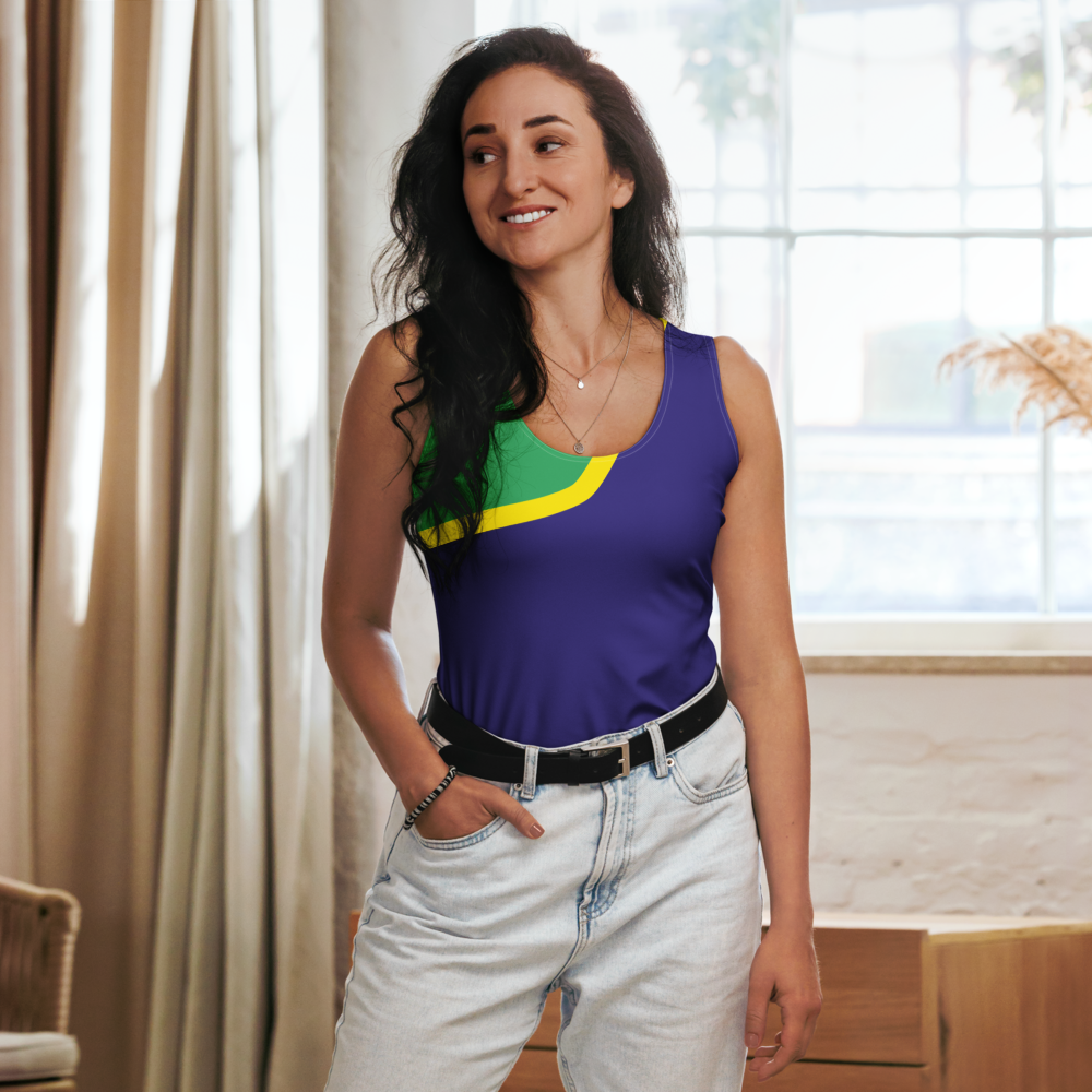Women's tank top with a tropical print and modern style.