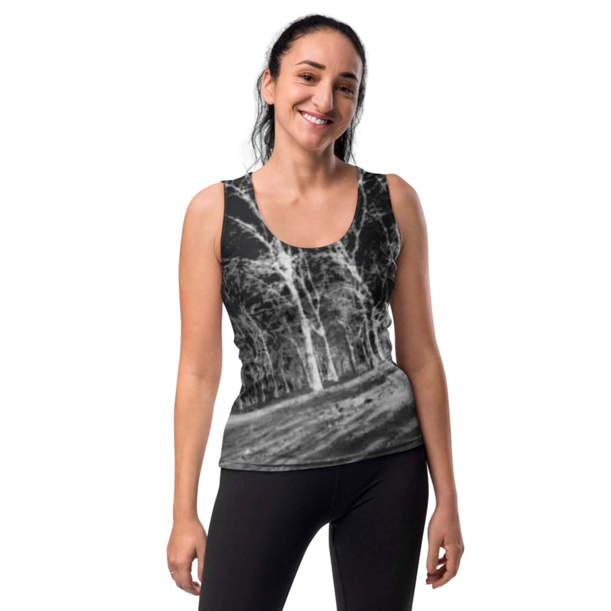 Women's tank top with a photographic print and modern style.